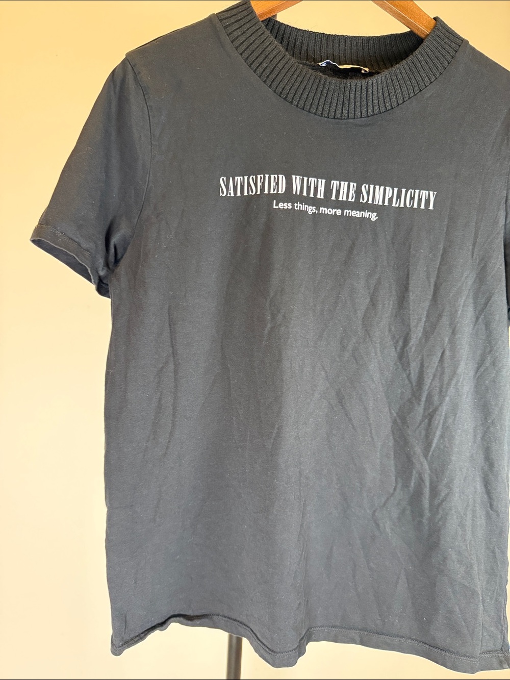 Zara Black Minimalist Slogan Graphic Tee Ribbed Neck Short Sleeve | Size L - Picture 3 of 9